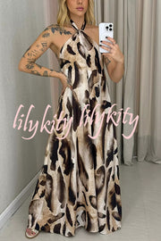 Leopard Print Sexy Halter Neck Backless Loose Maxi Dress