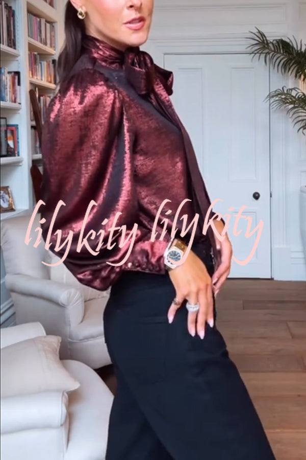 Ariella Metallic Satin Fabric Tie-up Bow Neck Long Sleeve Blouse