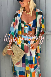 Summer Colors Printed Kimono + Knotted Tank + Elastic Waist Pocket Three-pieces Pants Set