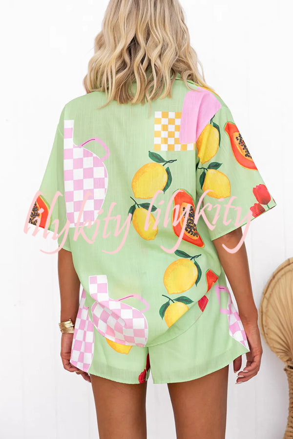 Summer Days Unique Fruit Print Loose Shirt and Elastic Waist Shorts Set