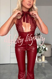 Style Challenge Stretch Faux Leather Lace Halter Tank and Zipper Waist Flare Pants Set