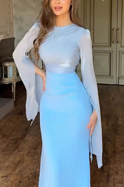 Fashionable Slit Long-sleeved Patchwork Slim-fit Maxi Dress