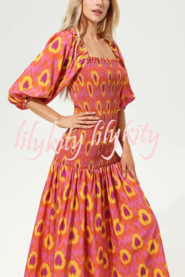 Venita Unique Printed Off Shoulder Balloon Sleeve Smocked Midi Dress