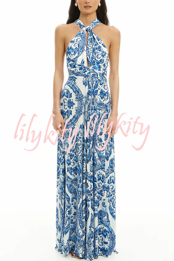 Greek Island Printed Cross Back Halter Flowy Maxi Dress