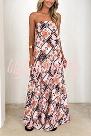 Unique Printed Sexy Strapless Backless Holiday Casual Maxi Dress