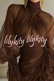 Sexy See-through Tulle High-neck Waist Pleated Ruffle Mini Dress