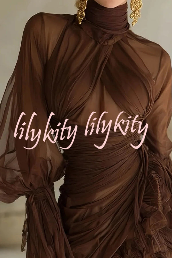 Sexy See-through Tulle High-neck Waist Pleated Ruffle Mini Dress