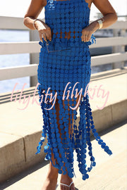 Caitlin See Through Circle Embroidery Elastic Waist Tassle Hem Maxi Skirt