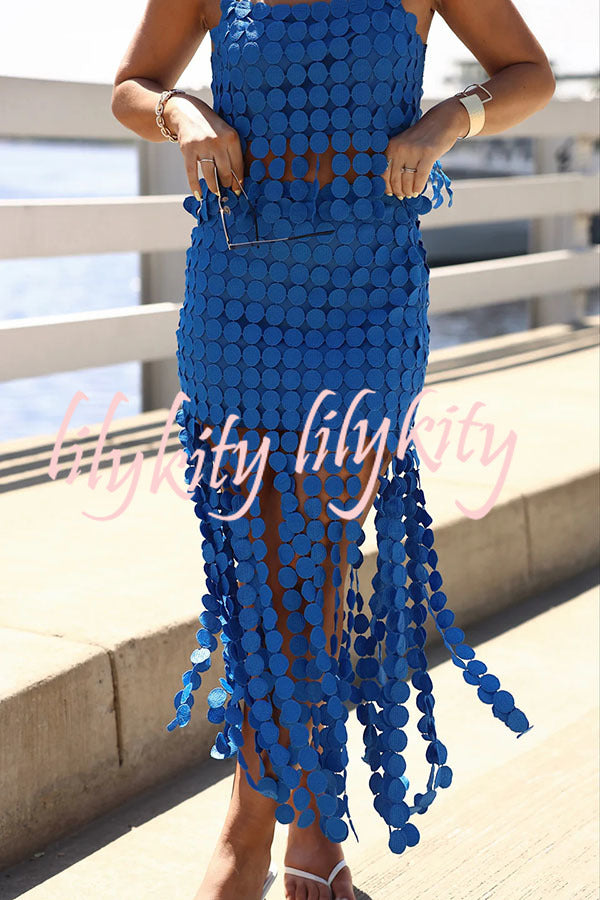 Caitlin See Through Circle Embroidery Elastic Waist Tassle Hem Maxi Skirt