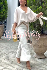 Joyful Bond Linen Blend V-neck Knotted Cuff Half Sleeve Loose Top