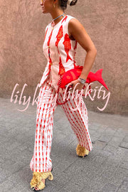 Good Luck Linen Blend Koi Pattern High Rise Elastic Waist Loose Pants
