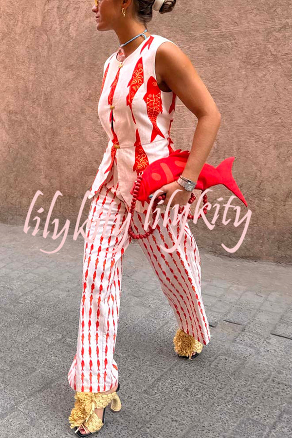 Good Luck Linen Blend Koi Pattern High Rise Elastic Waist Loose Pants