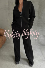 Solid Color Casual Long Sleeve Zipper Jacket and Elastic Waist Pocket Wide Leg Pants Set