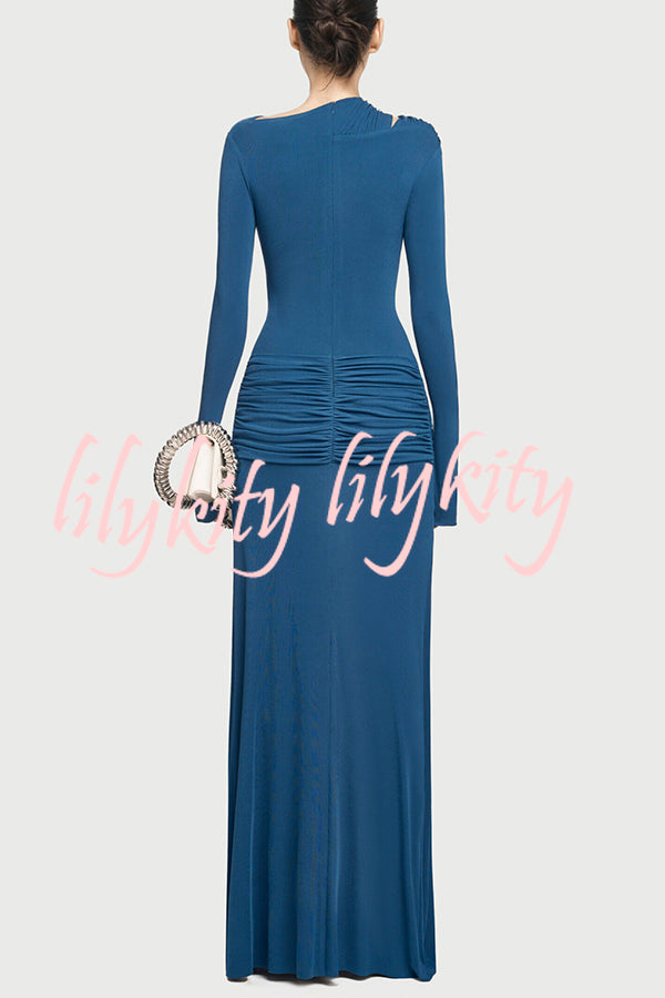Stylish Long-sleeved Slim-fit Pleated Elegant Maxi Dress