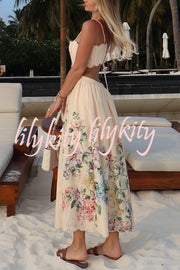 Cabo Sunsets Floral Print Petal Trim Back Lace-up Midi Dress