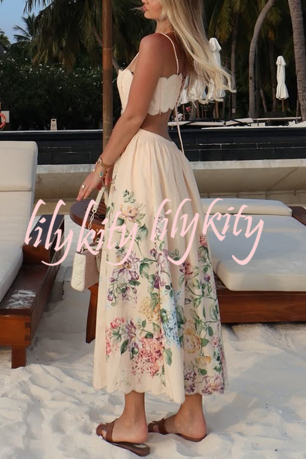 Cabo Sunsets Floral Print Petal Trim Back Lace-up Midi Dress