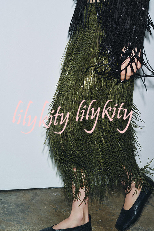 Party Crasher Layered Sequined Tassels High Rise Back Zipper Midi Skirt