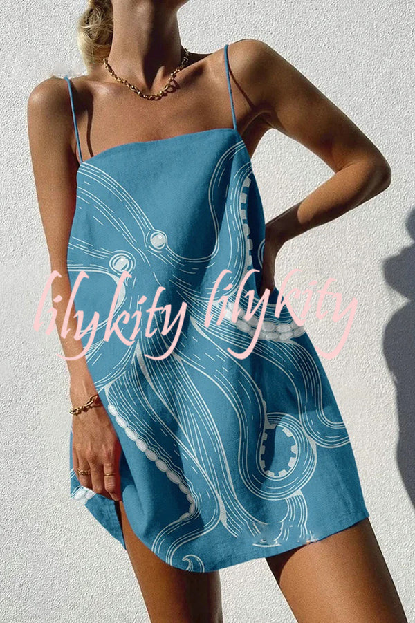 Unique Ocean Print Sexy Strappy Mini Dress