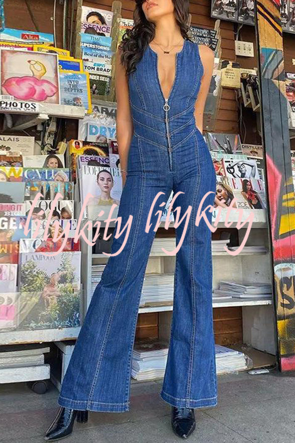 Fashionable Heart Hollow Back Slim High Waist Flared Denim Jumpsuit