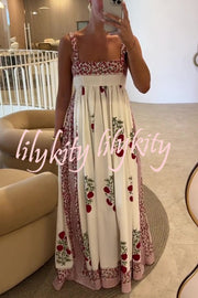 Botanical Floral Print High Waisted Wide Hem Suspender Maxi Dress