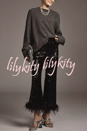 New Year Eve Sequin Feather Trim High Rise Back Zipper Flare Pants