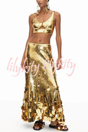 Party Sequin Button Crop Tank and Irregular Round Sequin Tassels Hem Maxi Skirt Set