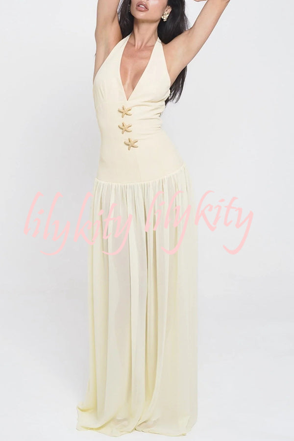 Giselle Gold Starfish Hardware Halter Back Lace-up Tulle Maxi Dress