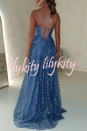 Cinderella Glitter Tulle Fabric Cowl Neck Back Lace-up Pocketed Slit Maxi Dress