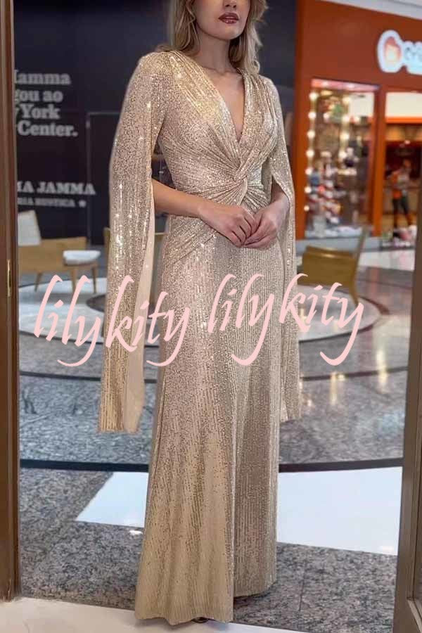 Shine Brighter Sequin Cape Sleeve Cross Waist Evening Maxi Dress