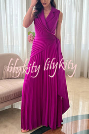 Solid Color Lapel Sleeveless Waist Tie Pleated Wide-leg Jumpsuit
