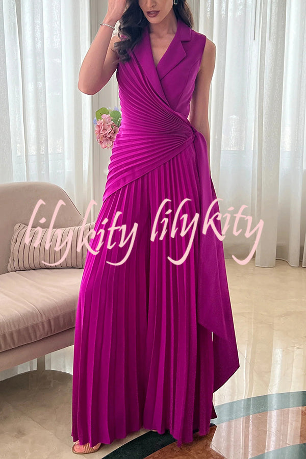 Solid Color Lapel Sleeveless Waist Tie Pleated Wide-leg Jumpsuit