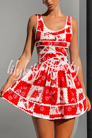 Holiday Colors Ric Rac Trims Unique Print Cutout Round Neck Mini Dress