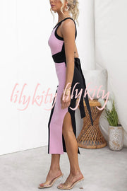 Serene Ribbed Knit Colorblock Back Tie-up Slit Stretch Midi Dress