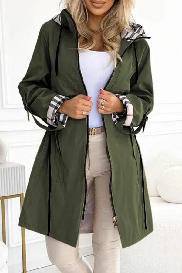 Fashionable Hooded Long-sleeved Zipper Plaid Casual Mid-length Jacket