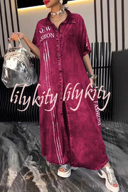 Fashion Letter Print Lapel Cardigan Loose Maxi Dress