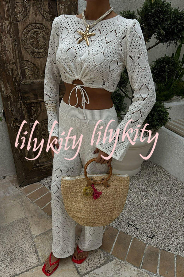 Solid Color Hollow Short Long-sleeved Top and Casual Stretch Wide-leg Pants Knitted Set