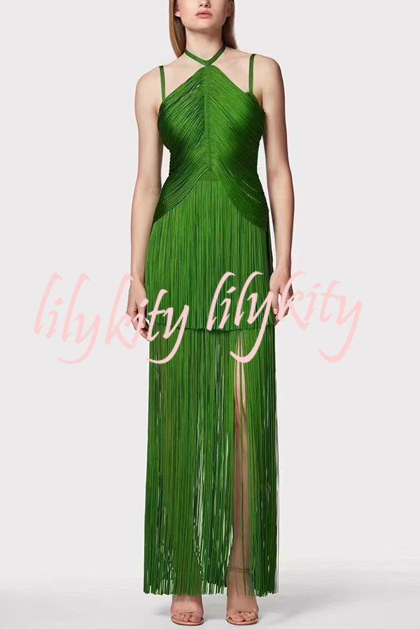 Sexy Halterneck Open Back Elegant Tassel Slim Maxi Dress
