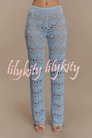 Trena Crochet Knit Hollow Mid Rise Stretch Wide Leg Pants