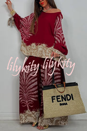 Unique Print Loose Drawstring Long Sleeve Top and Elastic Waist Casual Pocket Wide Leg Pants Set