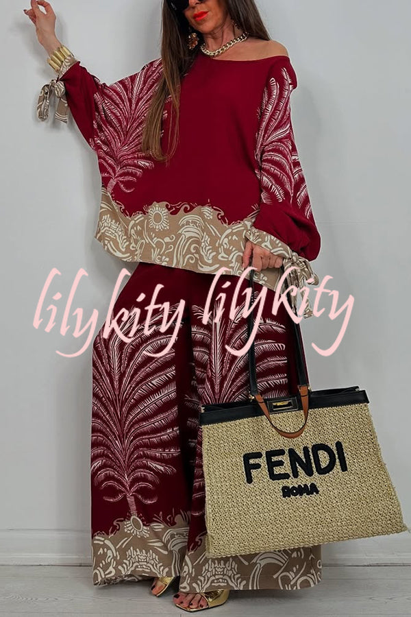 Unique Print Loose Drawstring Long Sleeve Top and Elastic Waist Casual Pocket Wide Leg Pants Set