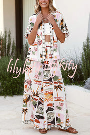 Holiday Style Holiday Print Casual Short-sleeved Shirt and Elastic Waist Loose Pocket Wide-leg Pants Set