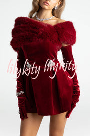 Luxury Chic Velvet Removable Faux Fur Collar Shiny Buckles Mini Dress