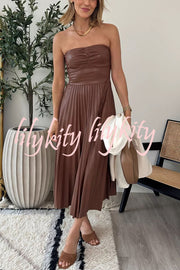 My Juliet Faux Leather Off Shoulder Strapless Pleated Stretch Midi Dress