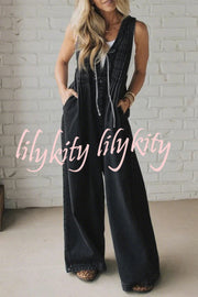 Fashionable and Casual Sleeveless V-neck Lace-up Loose Pocket Jumpsuit