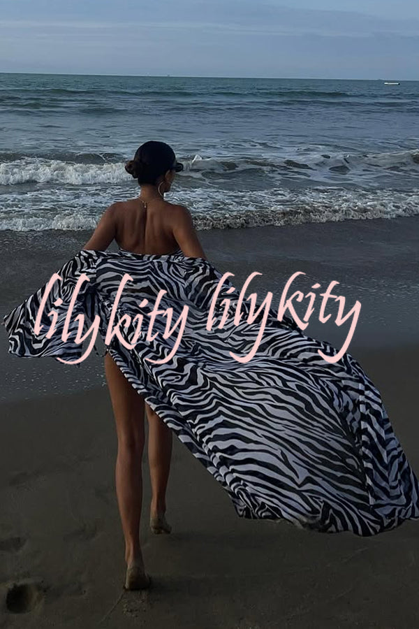 Marsie Zebra-print Elastic Drawstring Waist Long Bell Sleeve Cover-up Kimono
