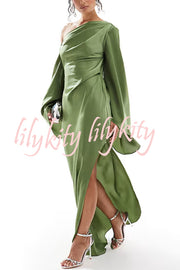 Zayla Satin Asymmetrical One Shoulder Bell Sleeve Slit Maxi Dress