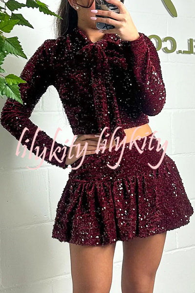 Solid Velvet Sequined Long Sleeve Tie Top and Seersucker Mini Skirt Set