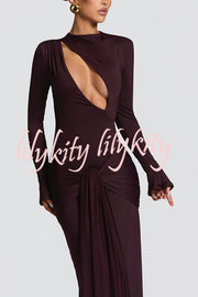 Sexy Cutout Fitted Long-sleeved Pleated Satin Ribbon Maxi Dresses