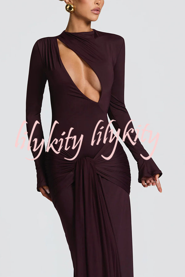 Sexy Cutout Fitted Long-sleeved Pleated Satin Ribbon Maxi Dresses