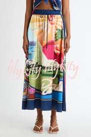 Seaside Holiday Satin Unique Print Knotted Scarf Top and Elastic Waist Loose Maxi Skirt Set